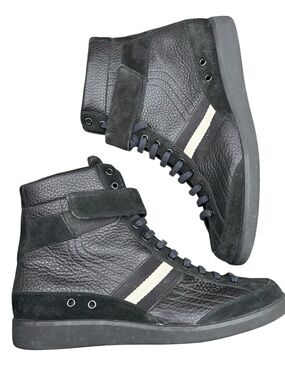 Bally Men’s High Top Sneakers Black Leather & Suede Strap Lace Up Shoes
